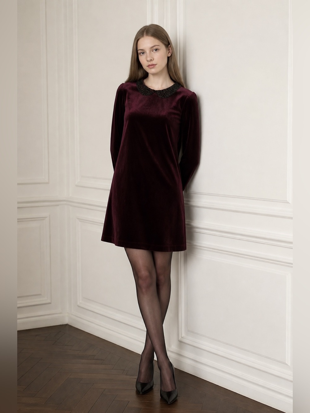 Betsey Johnson Velvet Dress Size 4 Burgundy Wine Beaded Peter Pan Collar Goth